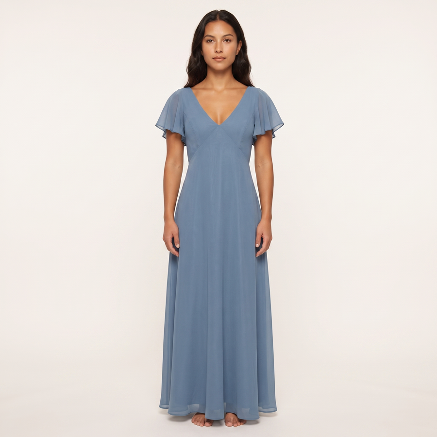 Delphine Flutter-Sleeve Chiffon Maxi Dress – Dusty Blue