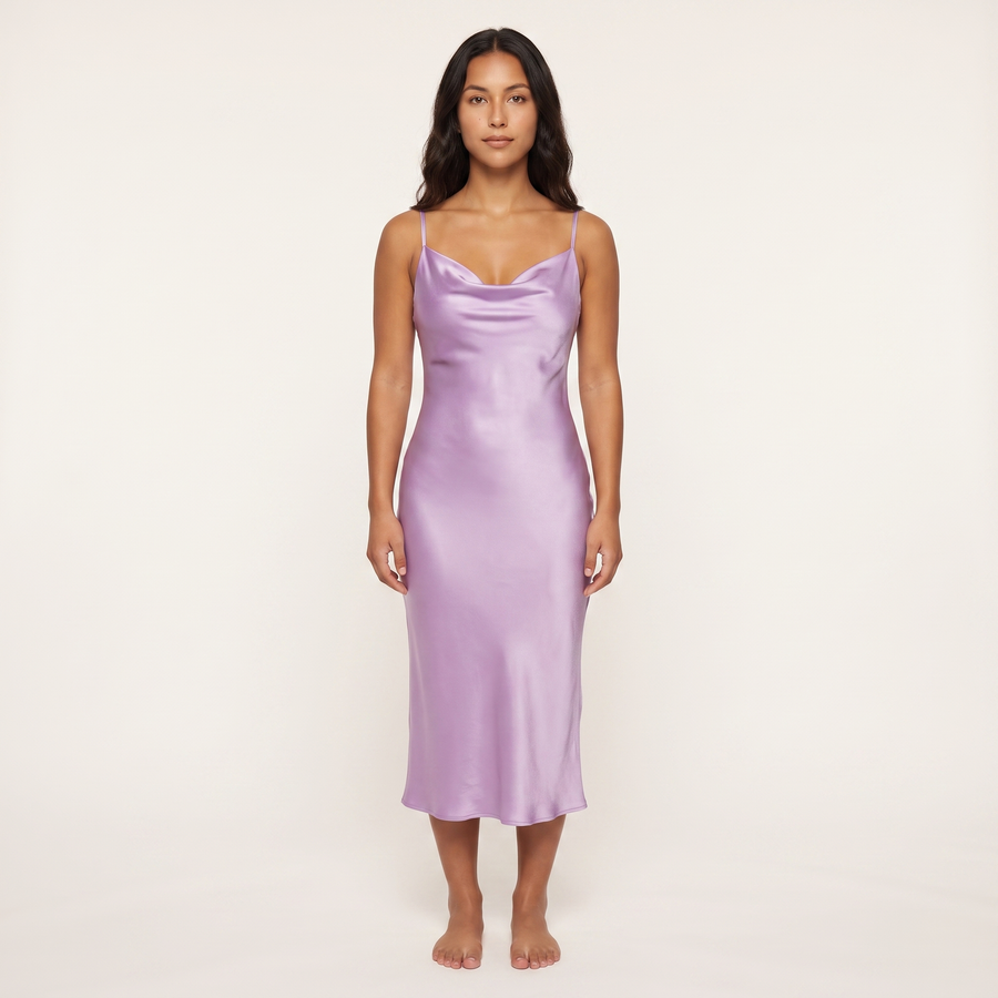 Aurelie Satin Cowl Slip Midi Dress – Lilac