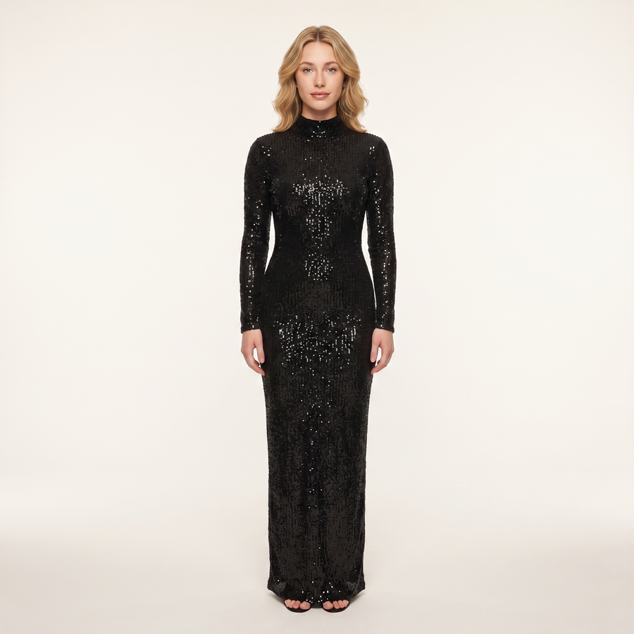 Onyx Sequin Long-Sleeve Gown – Black