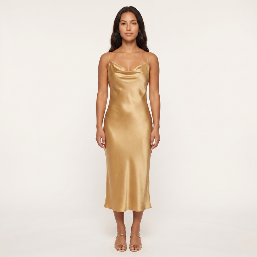 Halle Satin Cowl Slip Midi Dress – Gold