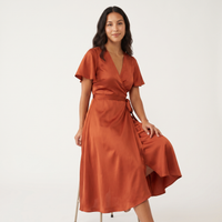 Amber Satin Wrap Midi Dress – Rust view 5
