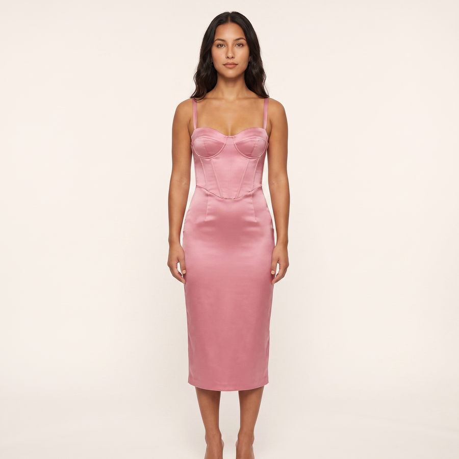 Giselle Satin Corset Midi Dress – Pink