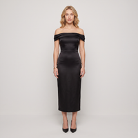 Odette Off-Shoulder Satin Midi Dress – Black view 1