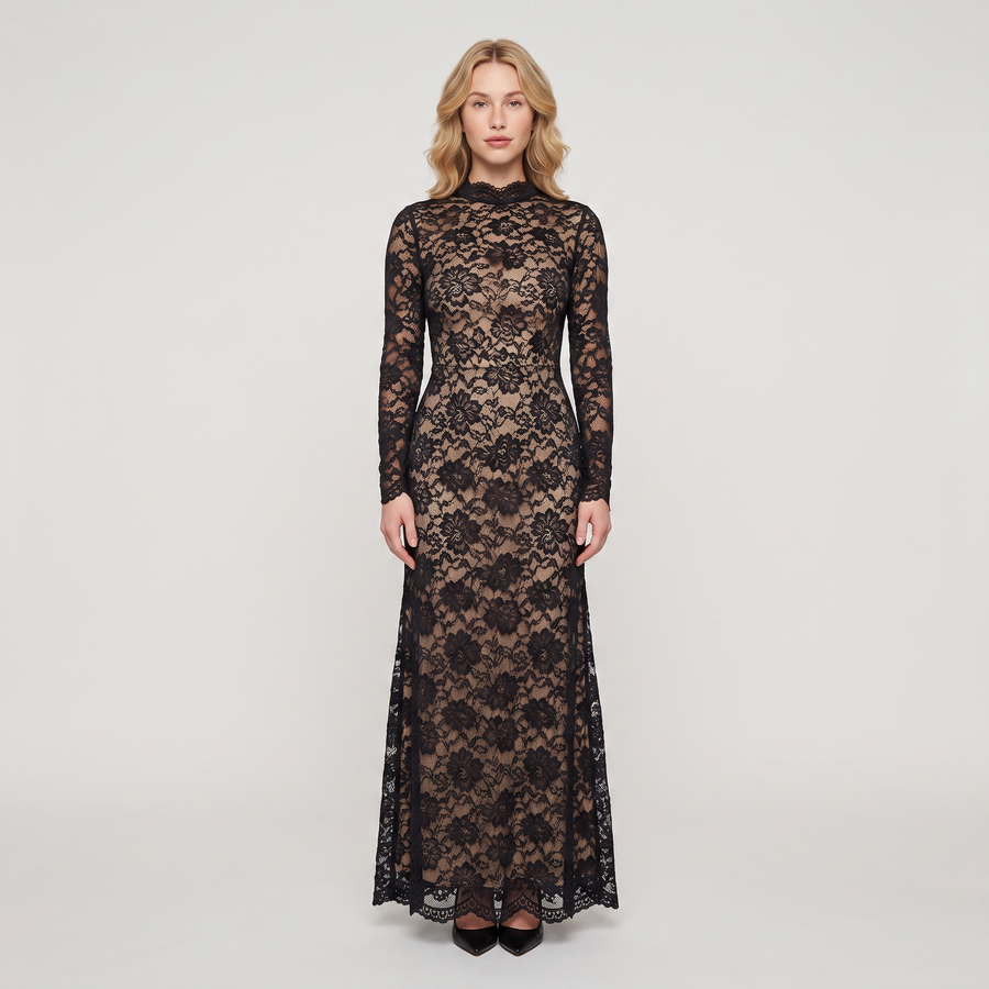 Nadia Lace Long-Sleeve Gown – Black