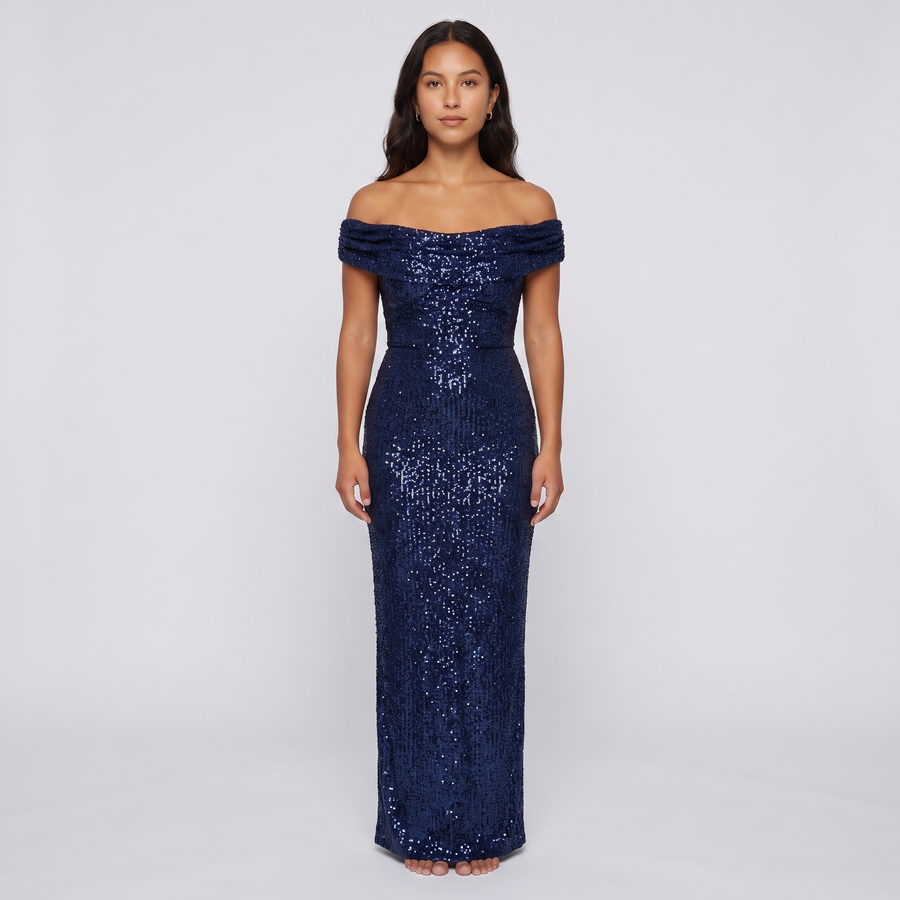 Maeve Sequin Off-Shoulder Gown – Navy