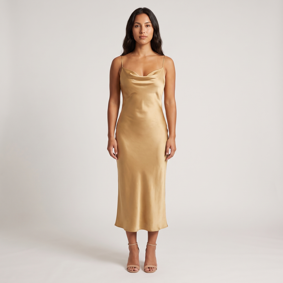 Zaria Satin Cowl Slip Midi Dress – Gold