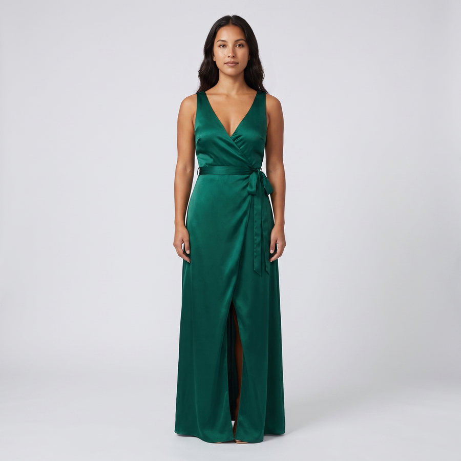 Anya Satin Wrap Gown – Emerald