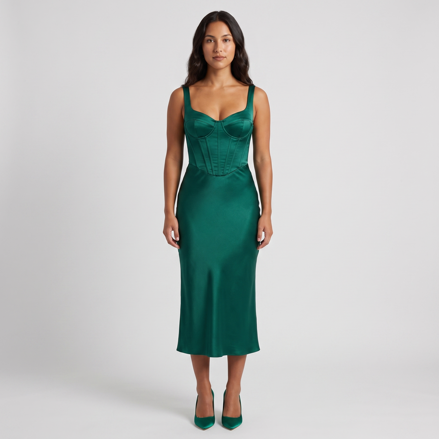 Odalys Satin Corset Midi Dress – Emerald