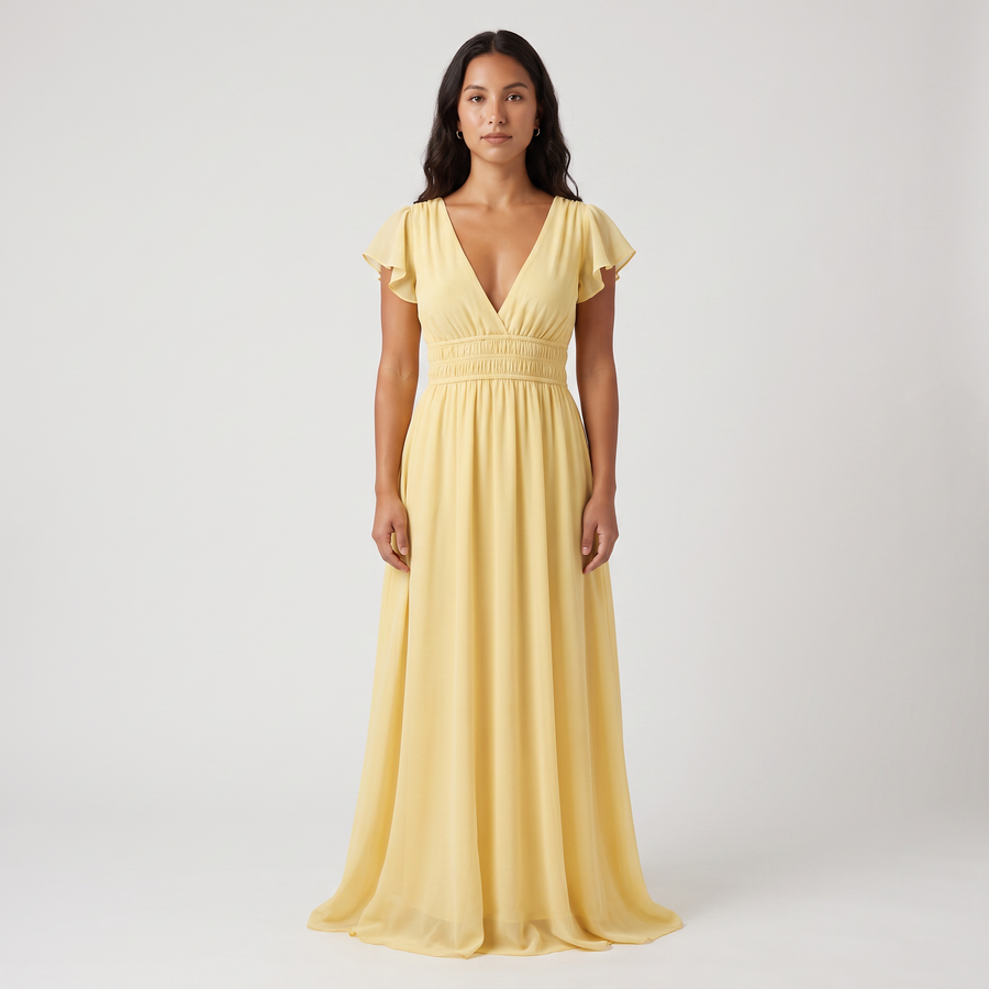 Zinnia Chiffon Flutter Maxi Dress – Yellow