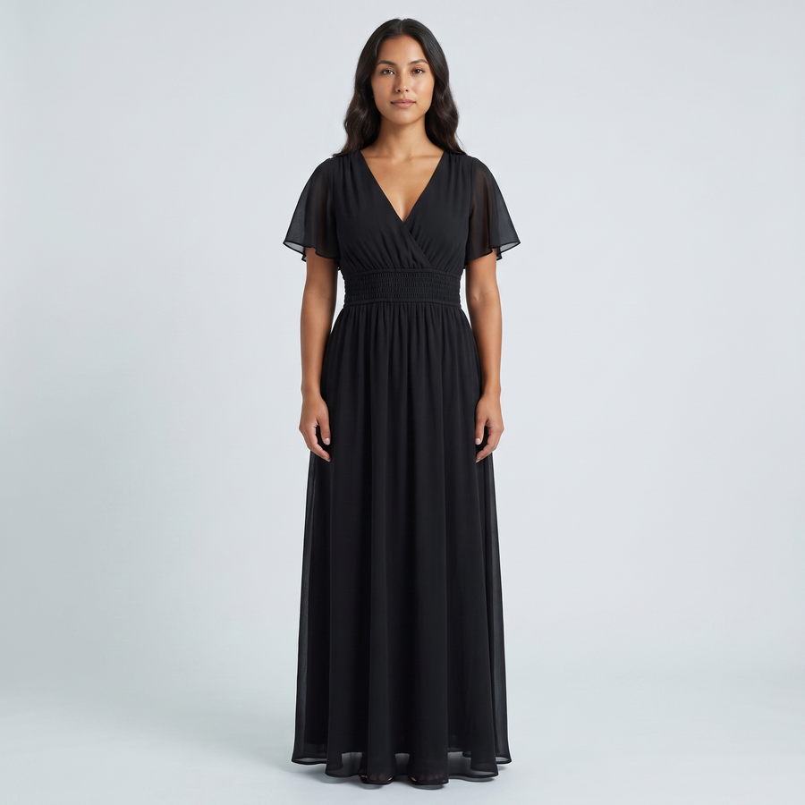 Sabine Chiffon Flutter Maxi Dress – Black