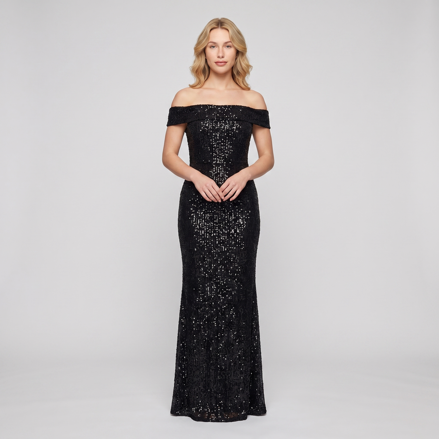 Octavia Sequin Off-Shoulder Gown – Black