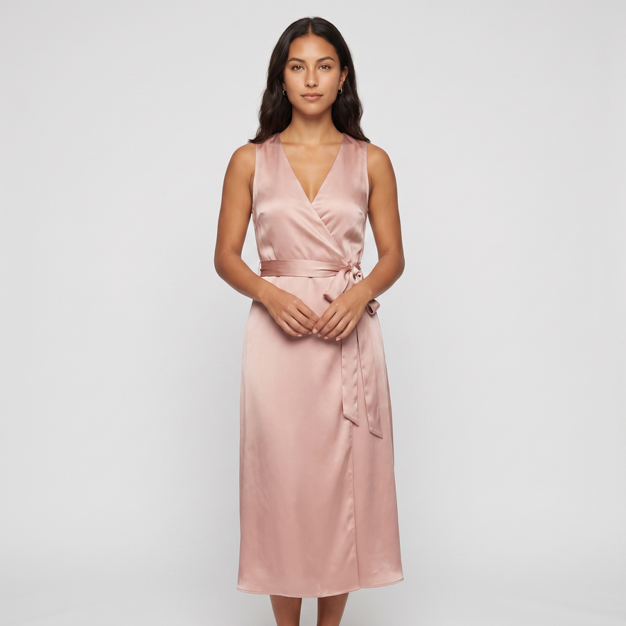 Pia Satin Wrap Midi Dress – Blush Pink