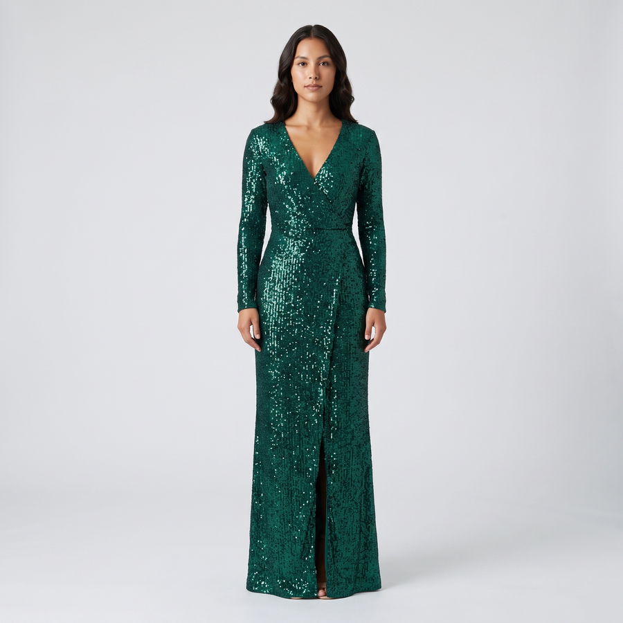Winona Sequin Wrap Maxi Gown – Emerald