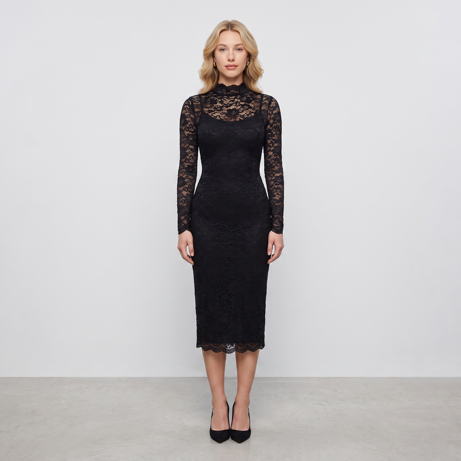 Bridget Lace Long-Sleeve Midi Dress – Black