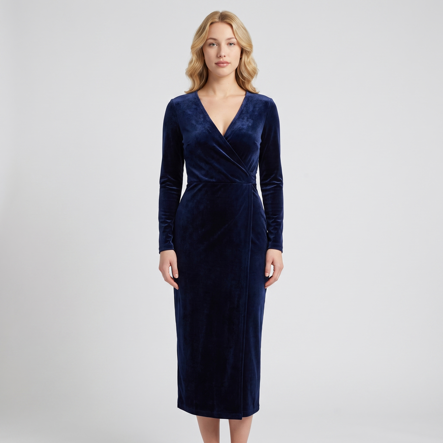 Sybil Velvet Wrap Midi Dress – Navy