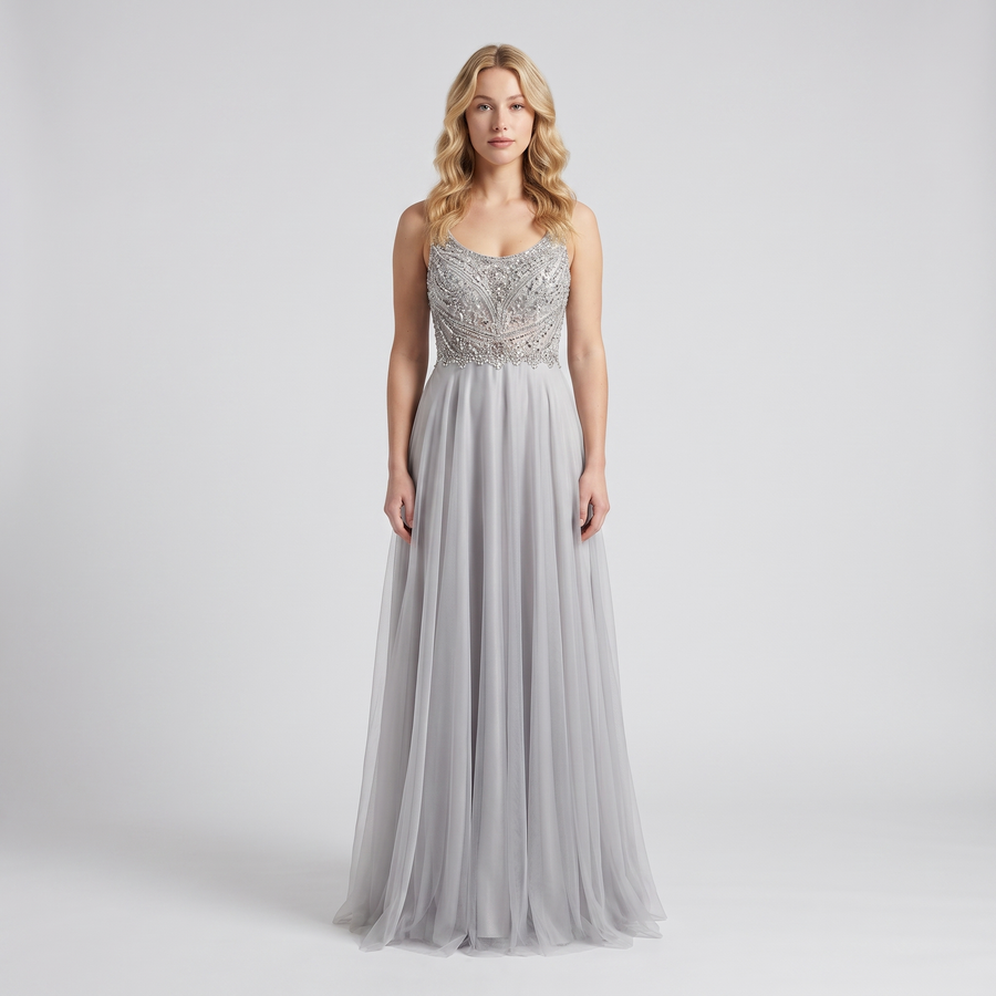 Elspeth Beaded-Bodice Gown – Silver
