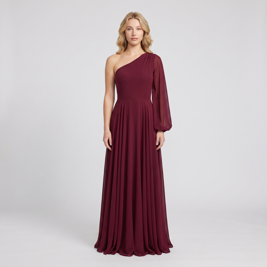 Nina Chiffon One-Shoulder Maxi Dress – Burgundy