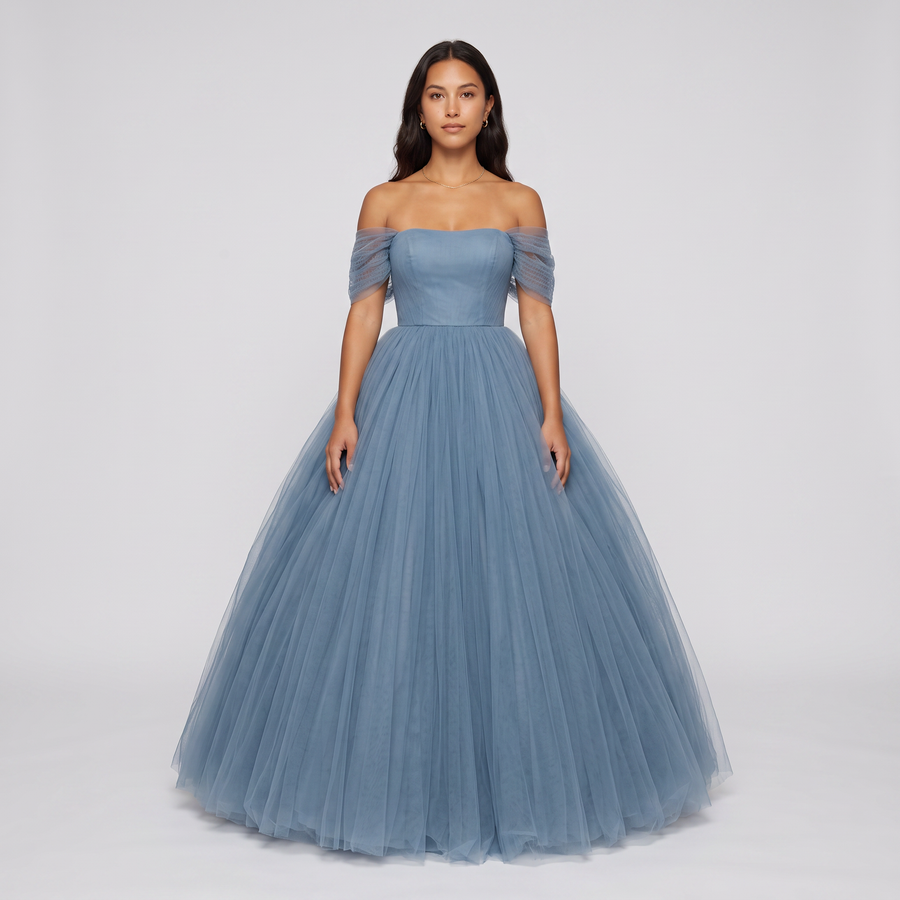 Imogen Tulle Off-Shoulder Ball Gown – Dusty Blue