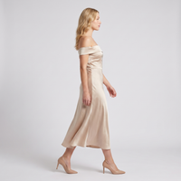 Eloise Satin Bardot Midi Dress – Champagne view 4
