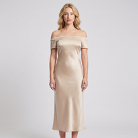 Eloise Satin Bardot Midi Dress – Champagne view 1