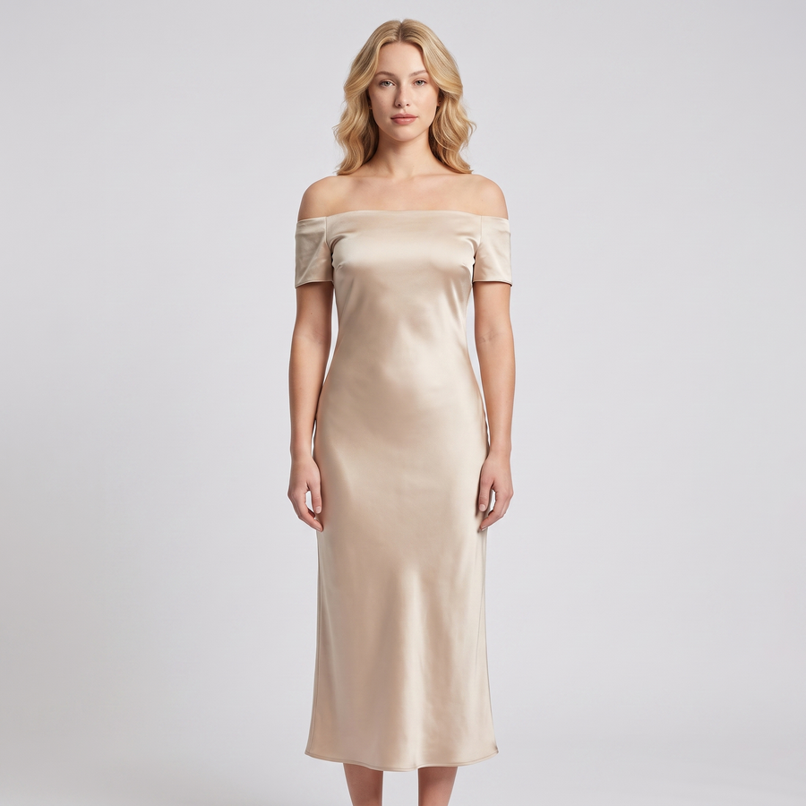 Eloise Satin Bardot Midi Dress – Champagne