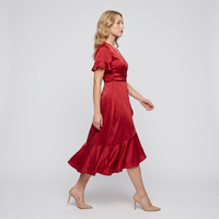 Tabitha Satin Ruffle Wrap Midi Dress – Red view 4