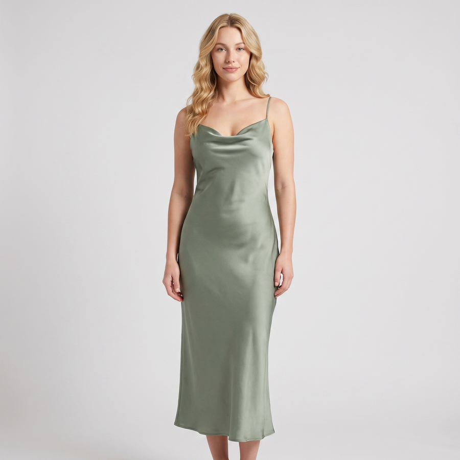 Cora Satin Slip Midi Dress – Sage Green