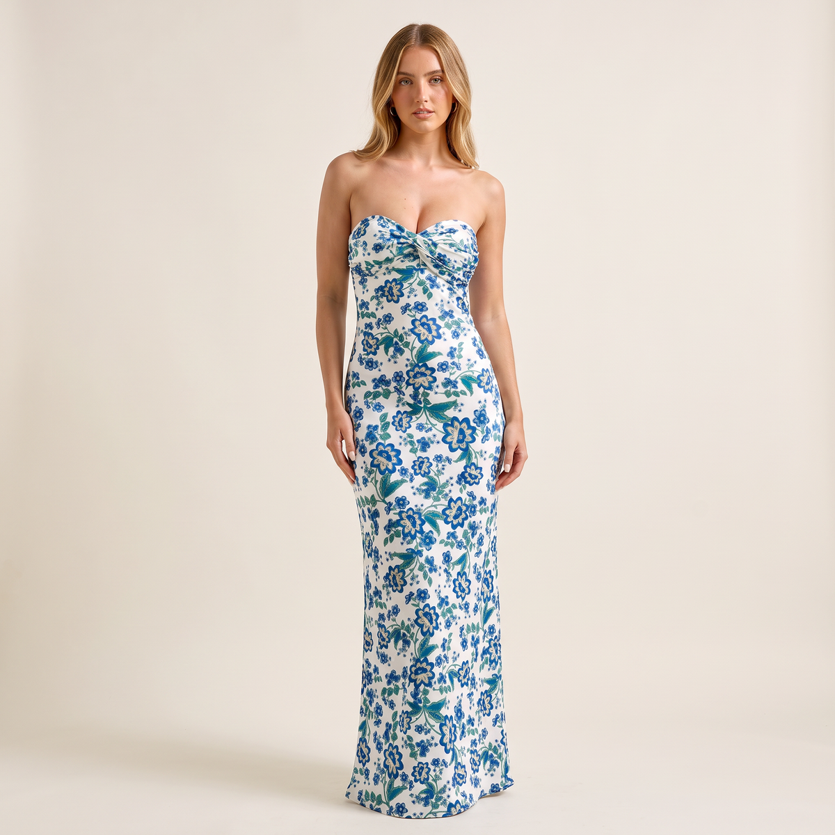 Adeline Strapless Sweetheart Floral Maxi Dress – Blue Floral – front view
