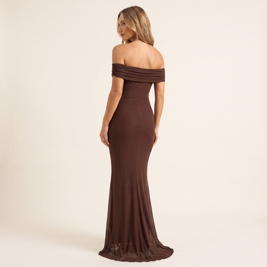 Amabel Off-Shoulder Mesh Maxi Dress – Brown – back view