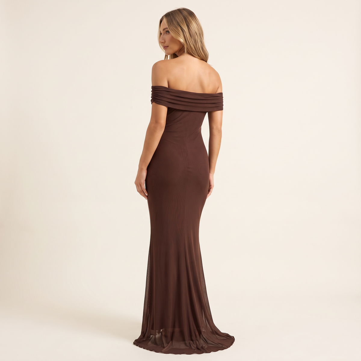 Amabel Off-Shoulder Mesh Maxi Dress – Brown – back view