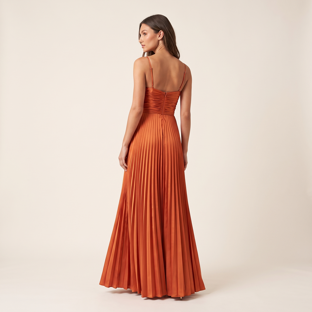 Amalfi Pleated Satin Maxi Dress – Sunset Orange – back view
