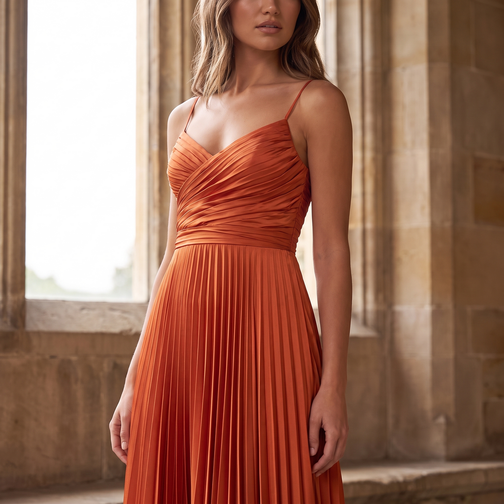 Amalfi Pleated Satin Maxi Dress – Sunset Orange – detail