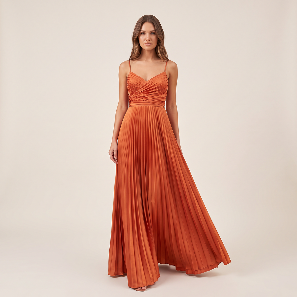 Amalfi Pleated Satin Maxi Dress – Sunset Orange – front view