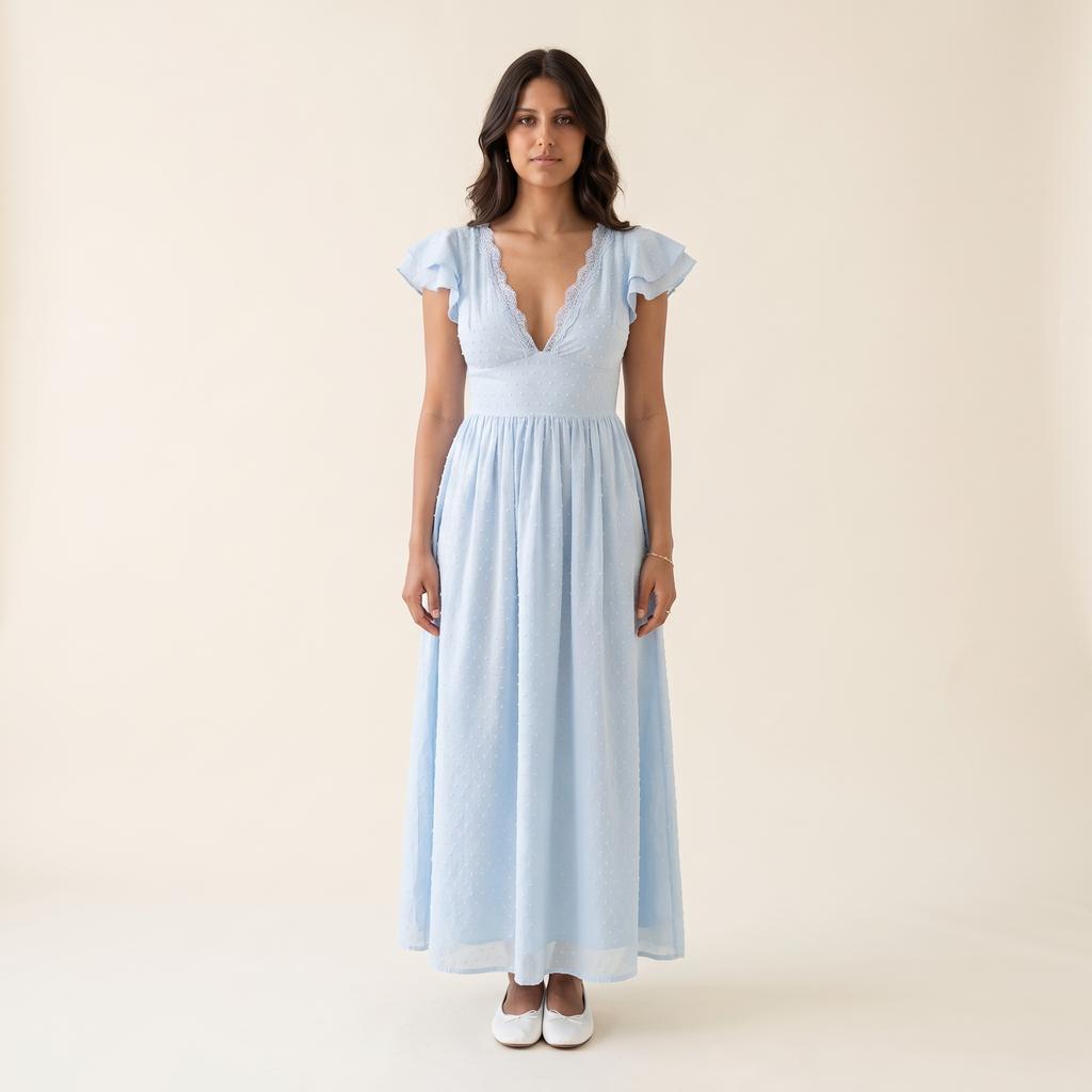Angelique Floral Midi Dress – Icy Blue – front view