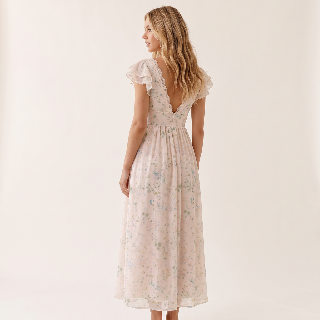 Angelique Floral Midi Dress – Pastel Pink Floral – back view
