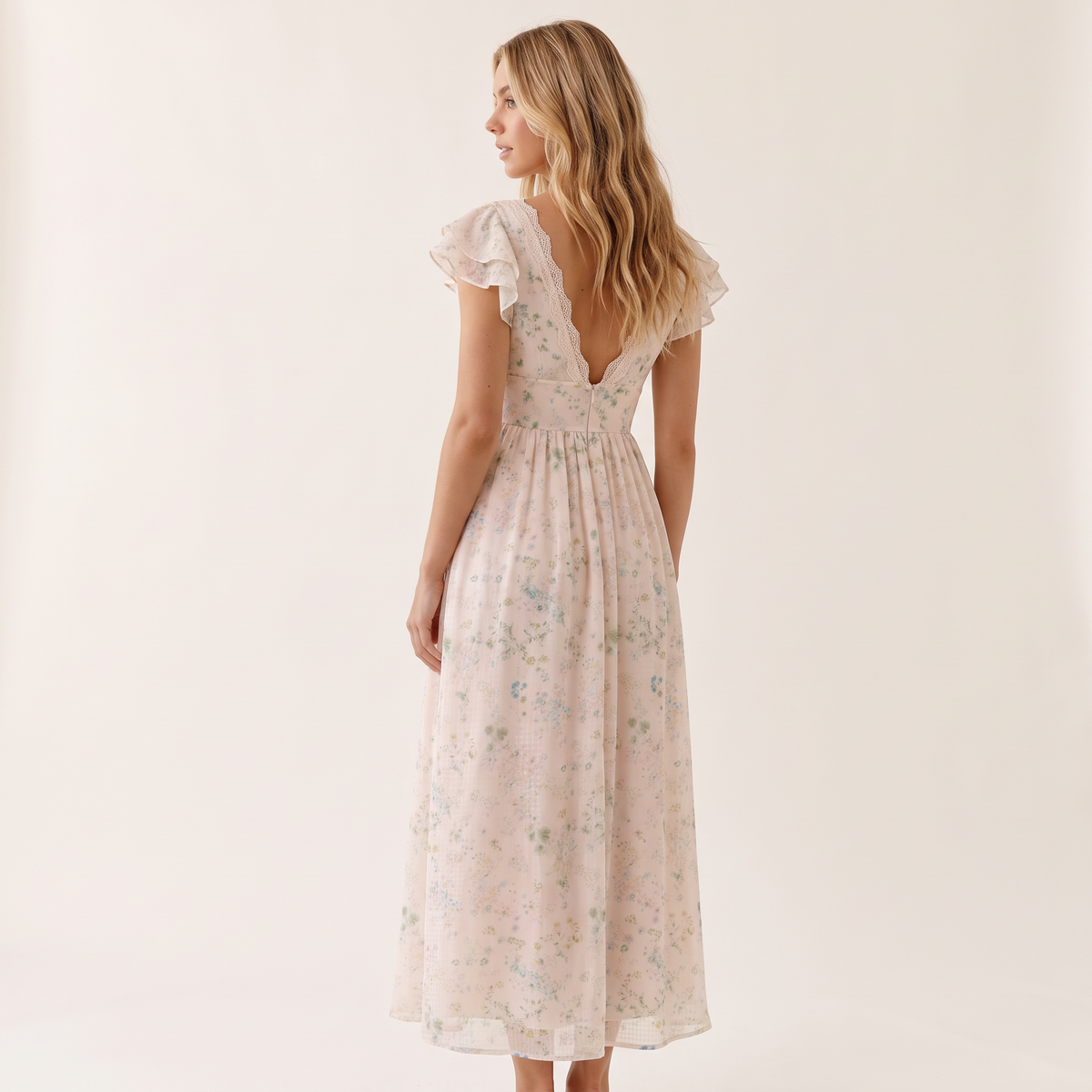 Angelique Floral Midi Dress – Pastel Pink Floral – back view