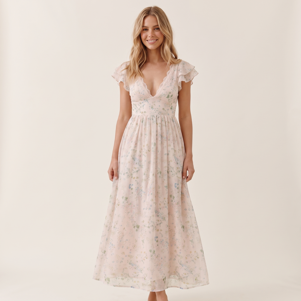 Angelique Floral Midi Dress – Pastel Pink Floral – front view