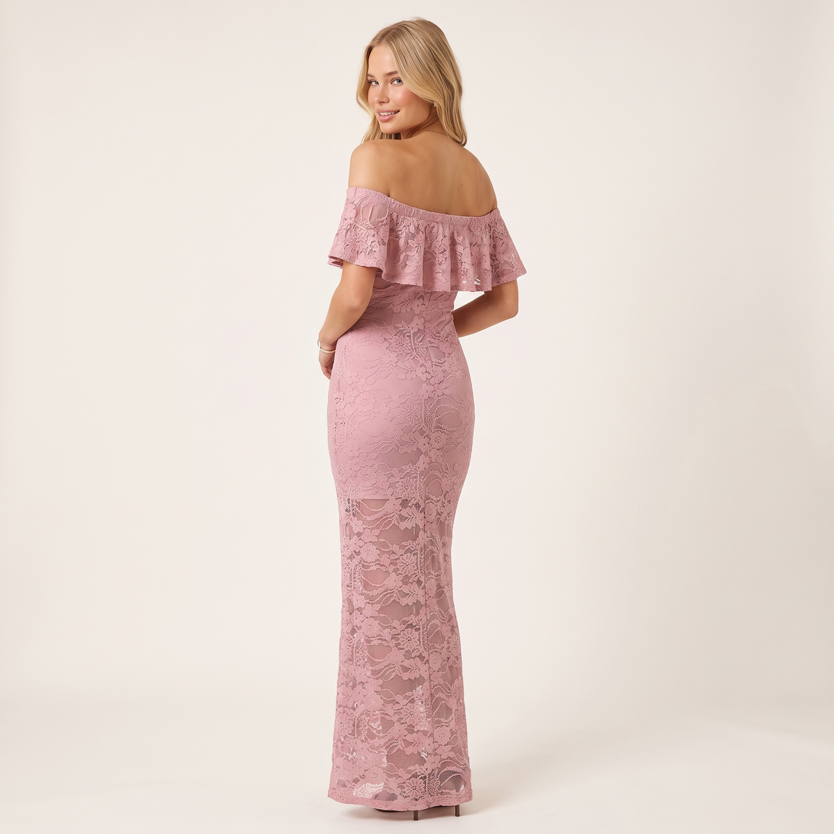 Annabel Off-Shoulder Lace Maxi Dress – Pink – back view