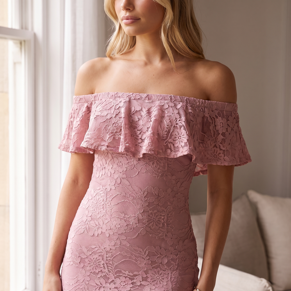 Annabel Off-Shoulder Lace Maxi Dress – Pink – detail