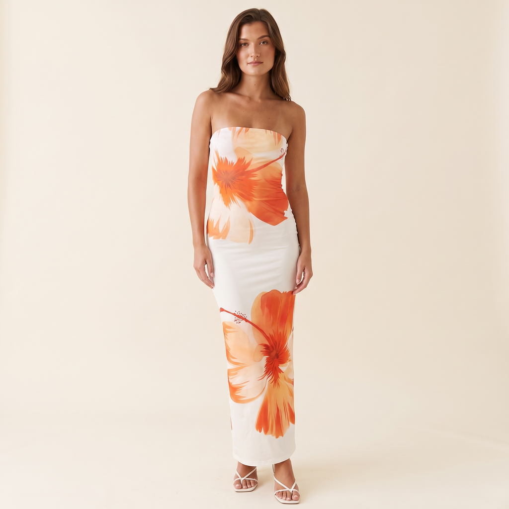 Sorrento Floral Bodycon Maxi Dress – White – front view