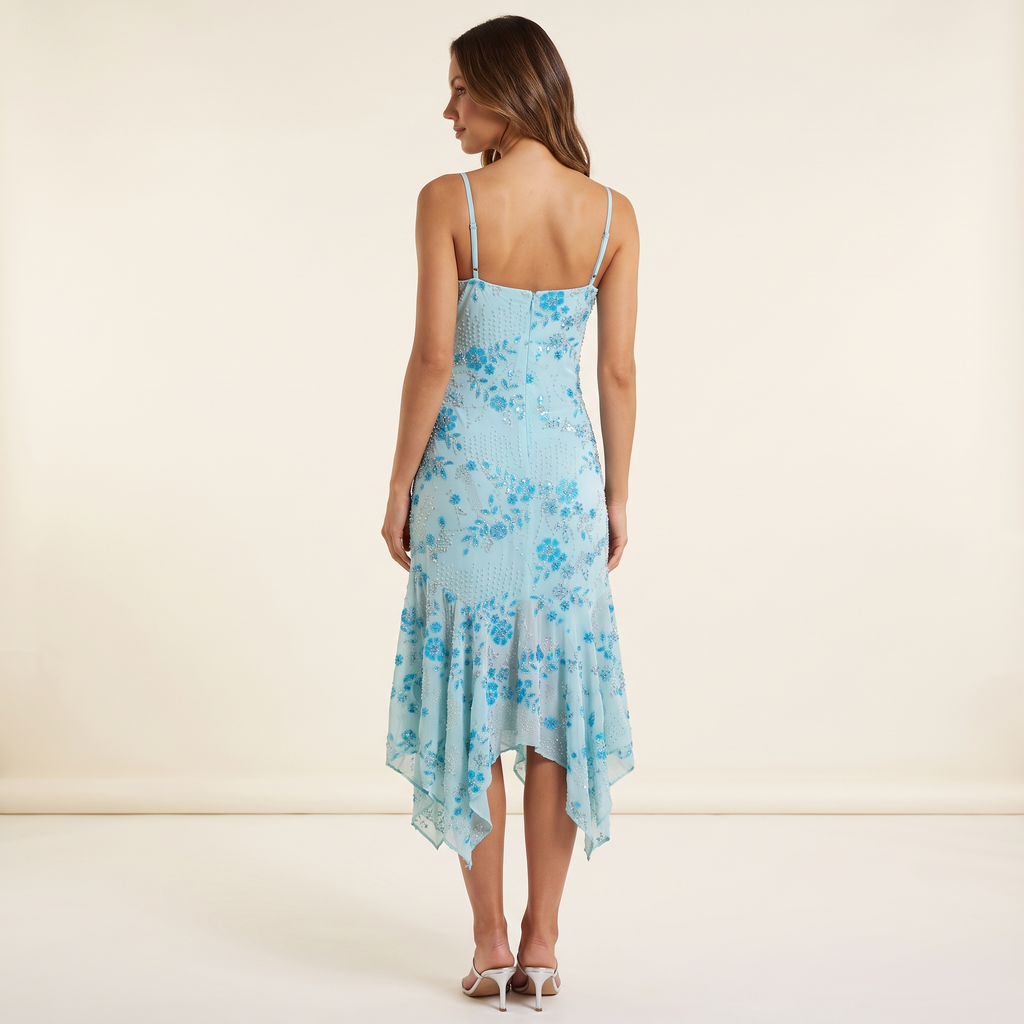 Astrid Beaded Chiffon Midi Dress – Blue – back view