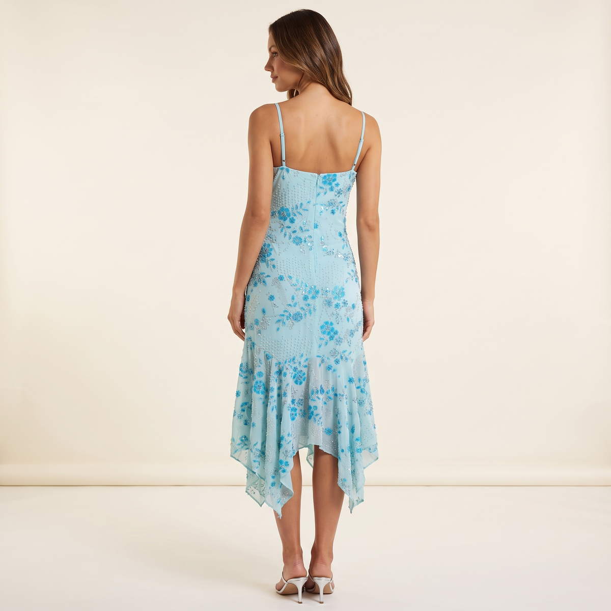 Astrid Beaded Chiffon Midi Dress – Blue – back view