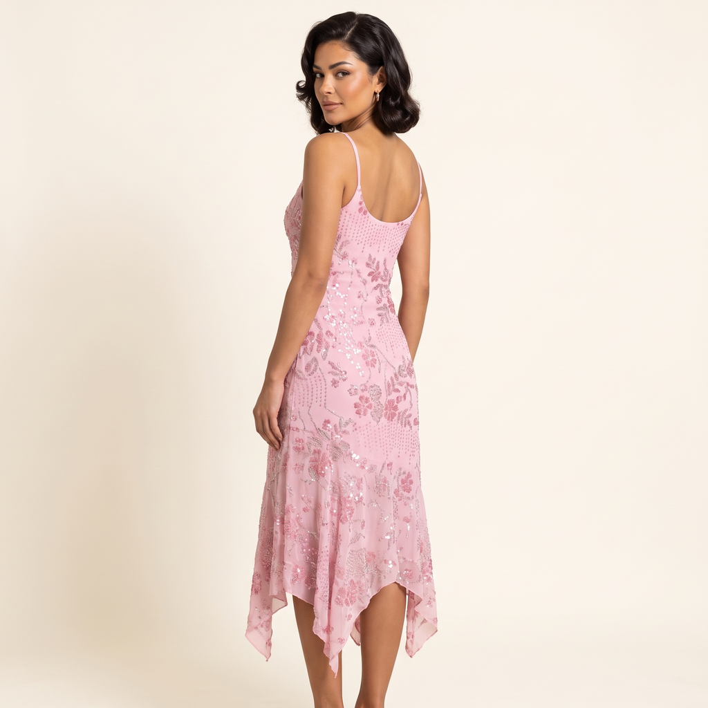 Astrid Beaded Chiffon Midi Dress – Pink – back view