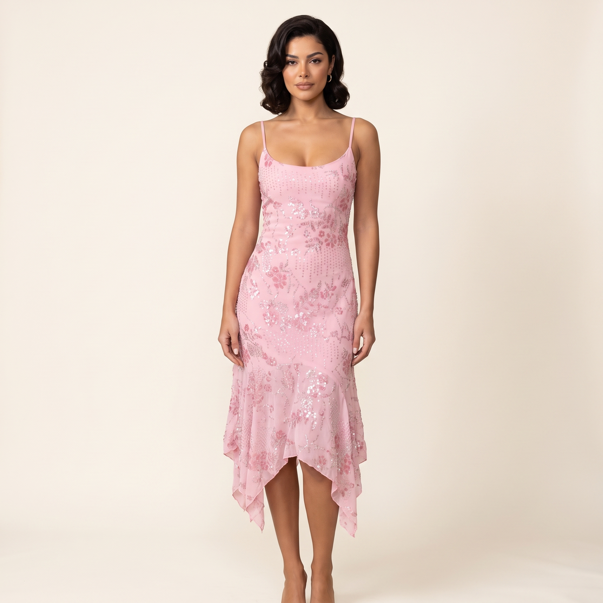 Astrid Beaded Chiffon Midi Dress – Pink – front view