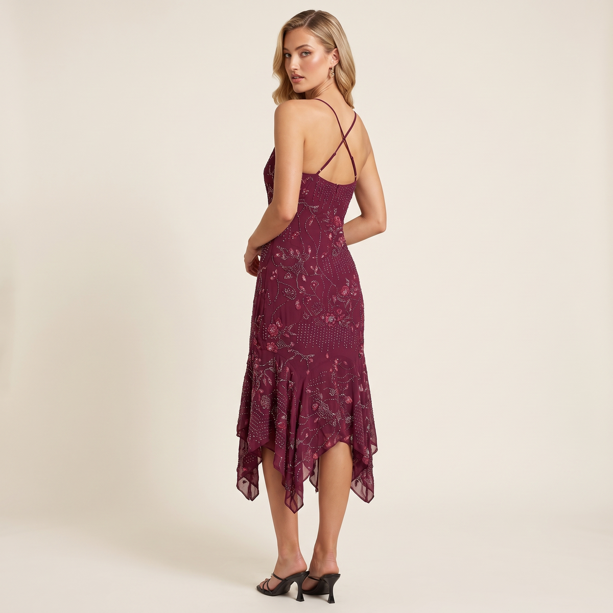 Astrid Beaded Chiffon Midi Dress – Plum – back view