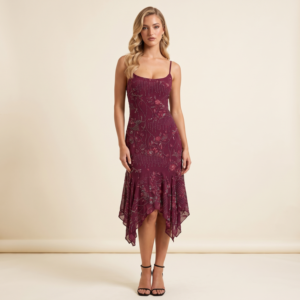 Astrid Beaded Chiffon Midi Dress – Plum – front view