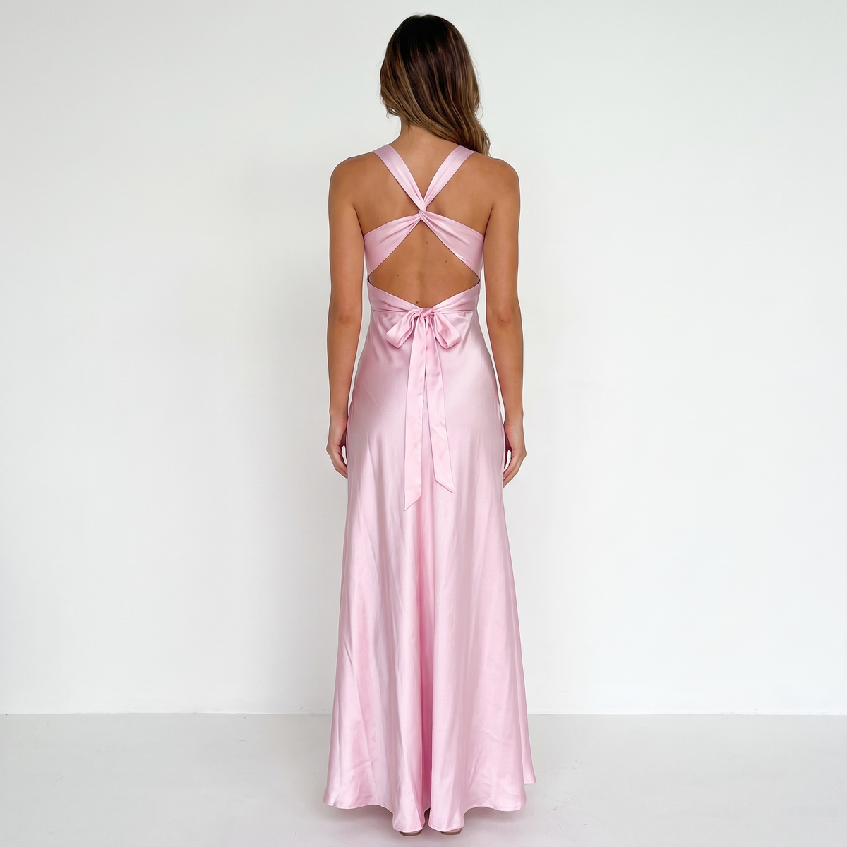 Aurelia Wrap Bodice Formal Maxi Dress – Light Pink – back view