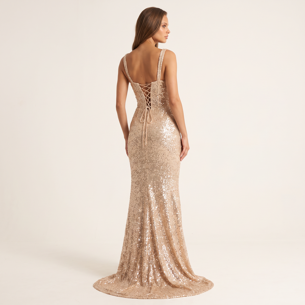 Aurelie Sweetheart Lace Sequin Maxi Dress with Split – Gold – back view
