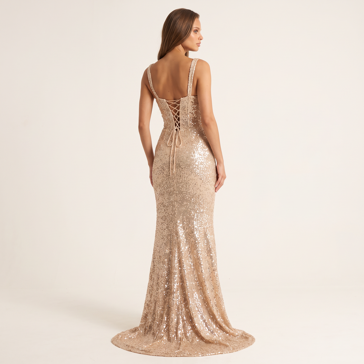 Aurelie Sweetheart Lace Sequin Maxi Dress with Split – Gold – back view