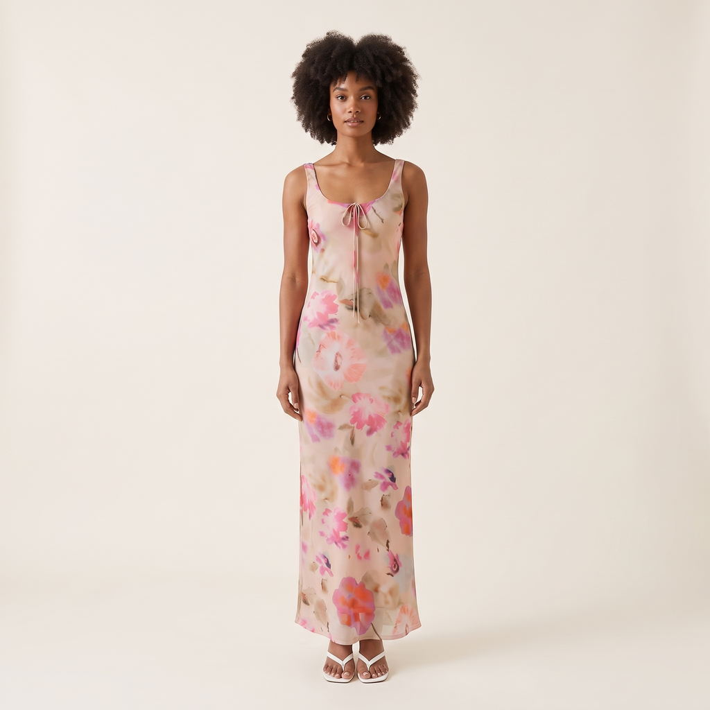 Avalon Scoop Neck Floral Maxi Dress – Pink – front view